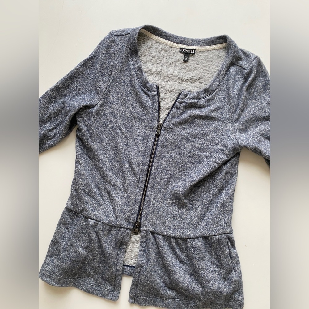Express Blue Heather Gray Zip Front Peplum 3/4 Sleeve Sweater Women’s Medium